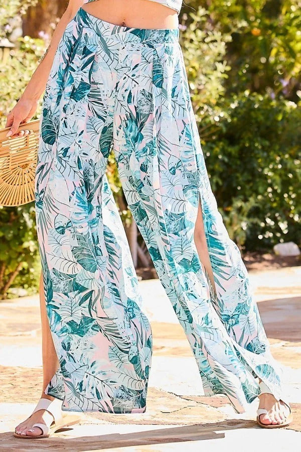 Pleat Slit Tropical Print Pants