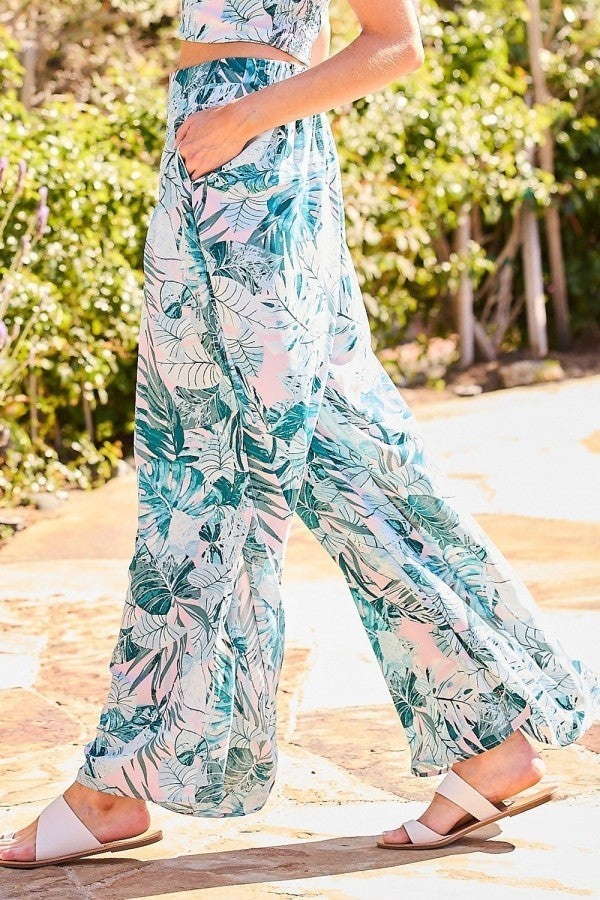 Pleat Slit Tropical Print Pants