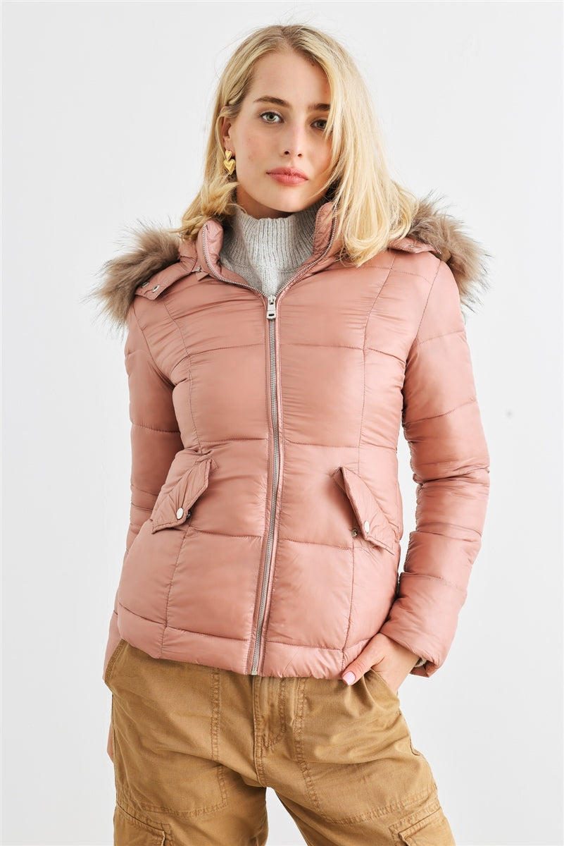 Long Sleeve Faux Fur Hood Padded Jacket