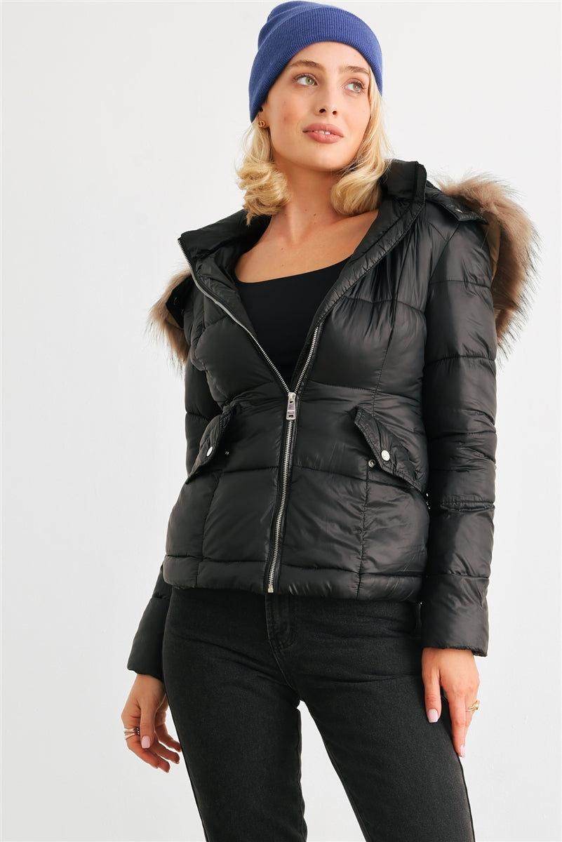 Long Sleeve Faux Fur Hood Padded Jacket