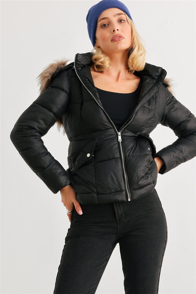 Long Sleeve Faux Fur Hood Padded Jacket