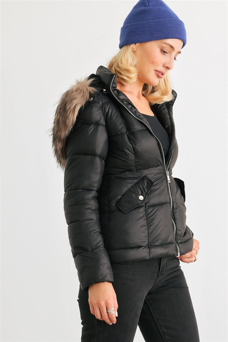 Long Sleeve Faux Fur Hood Padded Jacket