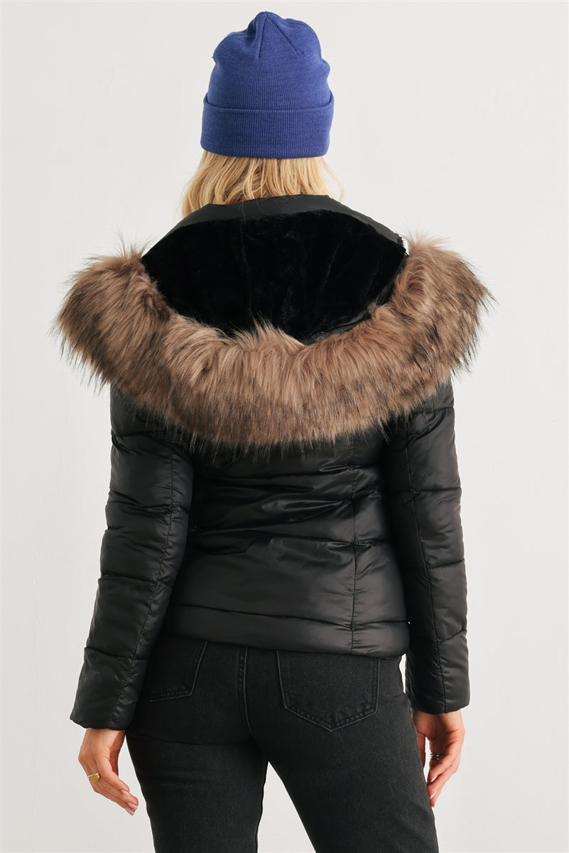 Long Sleeve Faux Fur Hood Padded Jacket