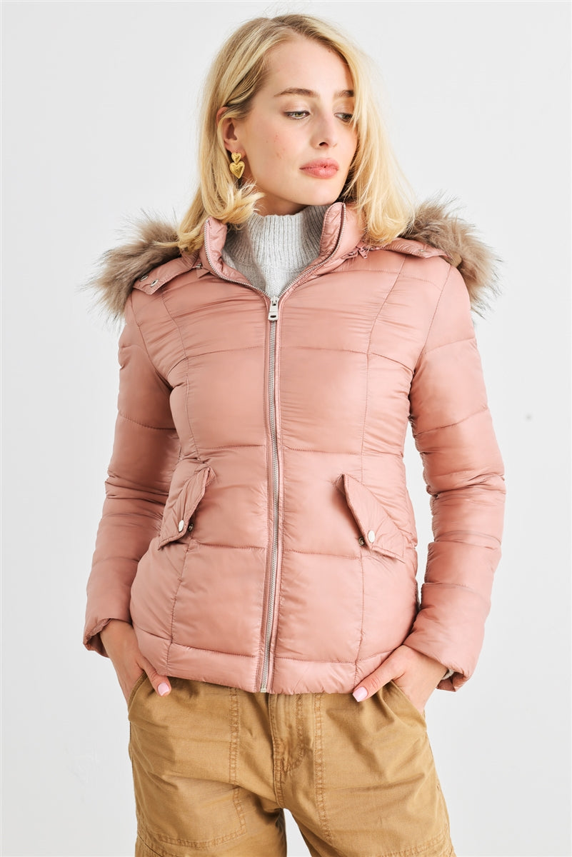 Long Sleeve Faux Fur Hood Padded Jacket