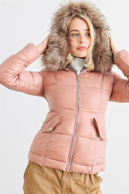 Long Sleeve Faux Fur Hood Padded Jacket