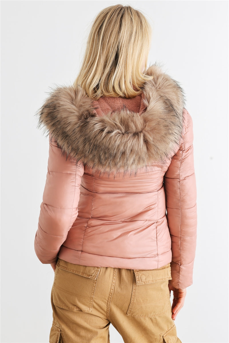 Long Sleeve Faux Fur Hood Padded Jacket