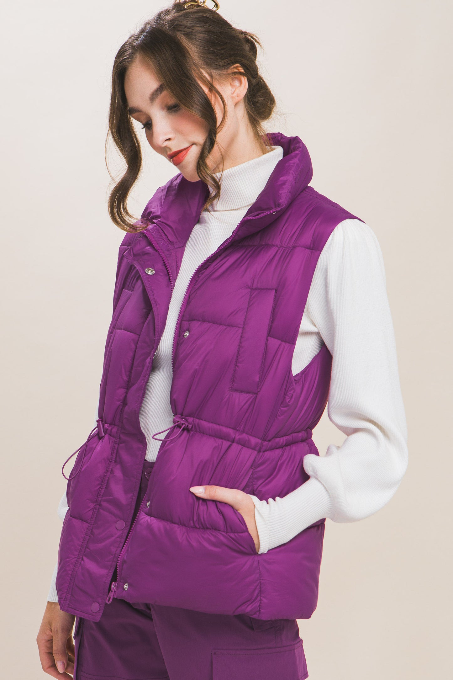 Zip Up Button Puffer Vest